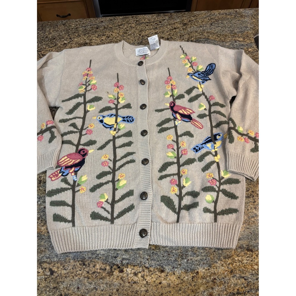 NEW Northern Treasures Bird Embroidered Cardigan Sweater Beige Ramie Cotton L
